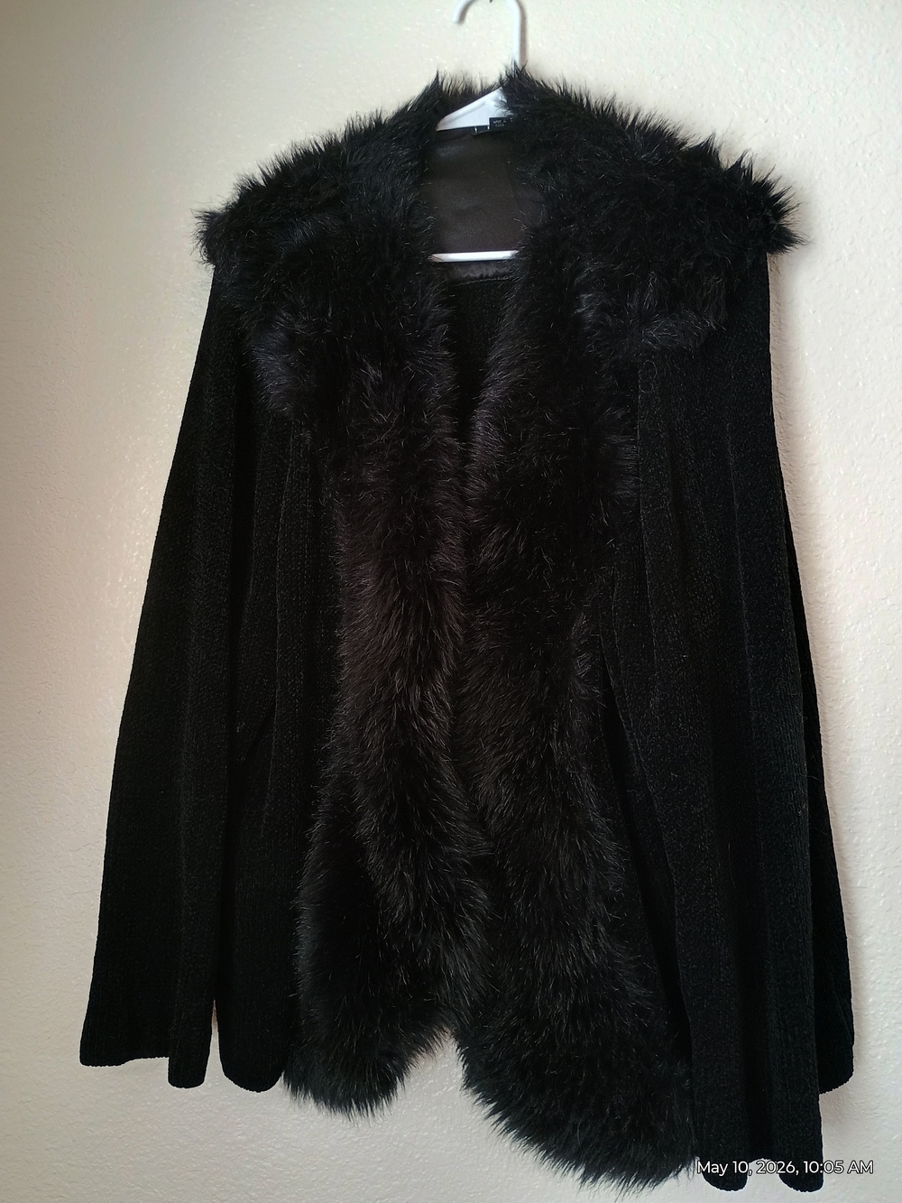 Lisa International Black Faux-Fur Trim Open Front Cardigan